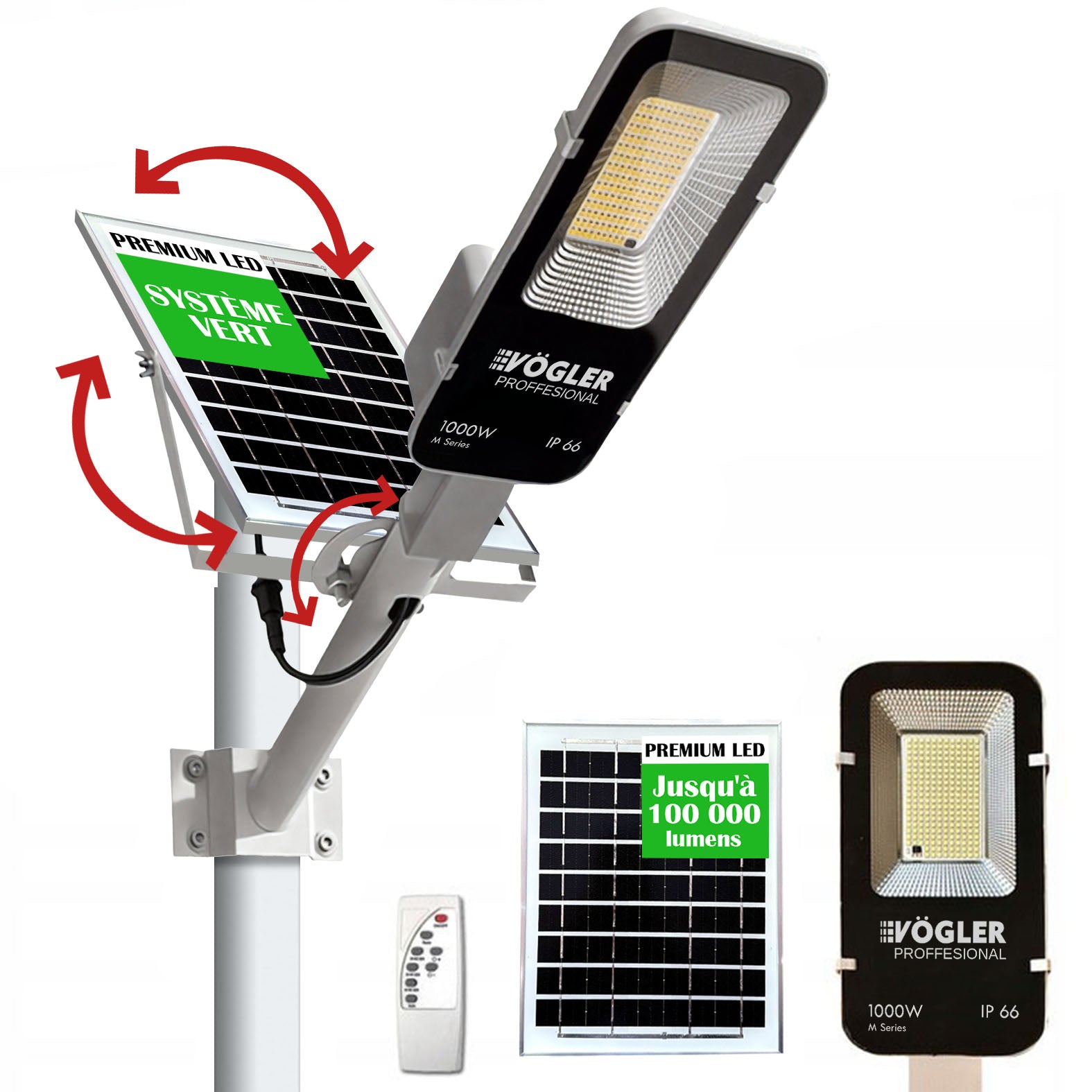 Lampe solaire puissante, capteur crépusculaire, télécommande, Vögler Professional 1000W