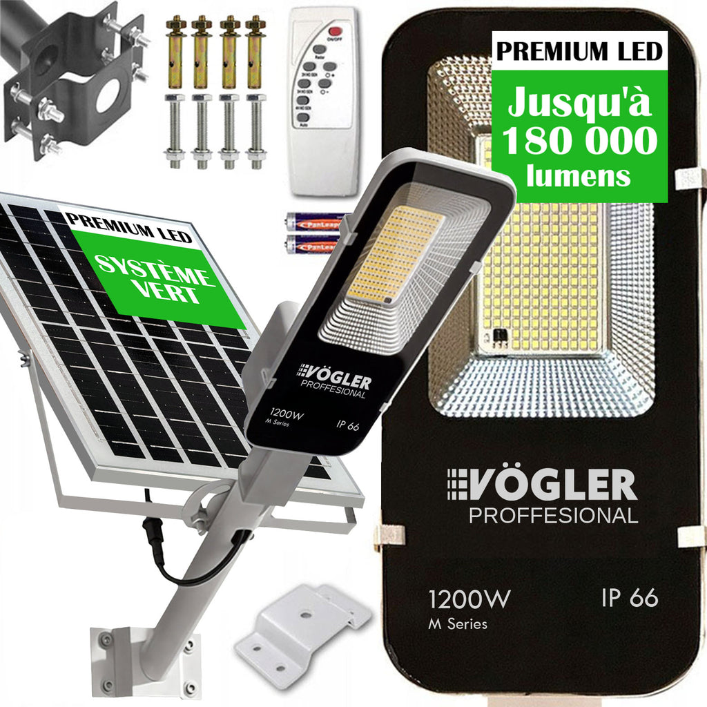 Lampe solaire puissante, capteur crépusculaire, télécommande, Vögler Professional 1200W