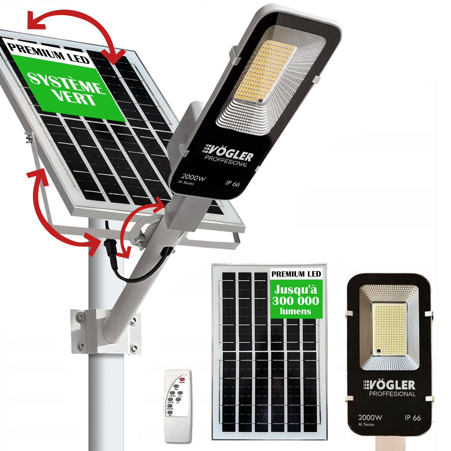 Lampe solaire puissante, capteur crépusculaire, télécommande, Vögler Professional 2000W