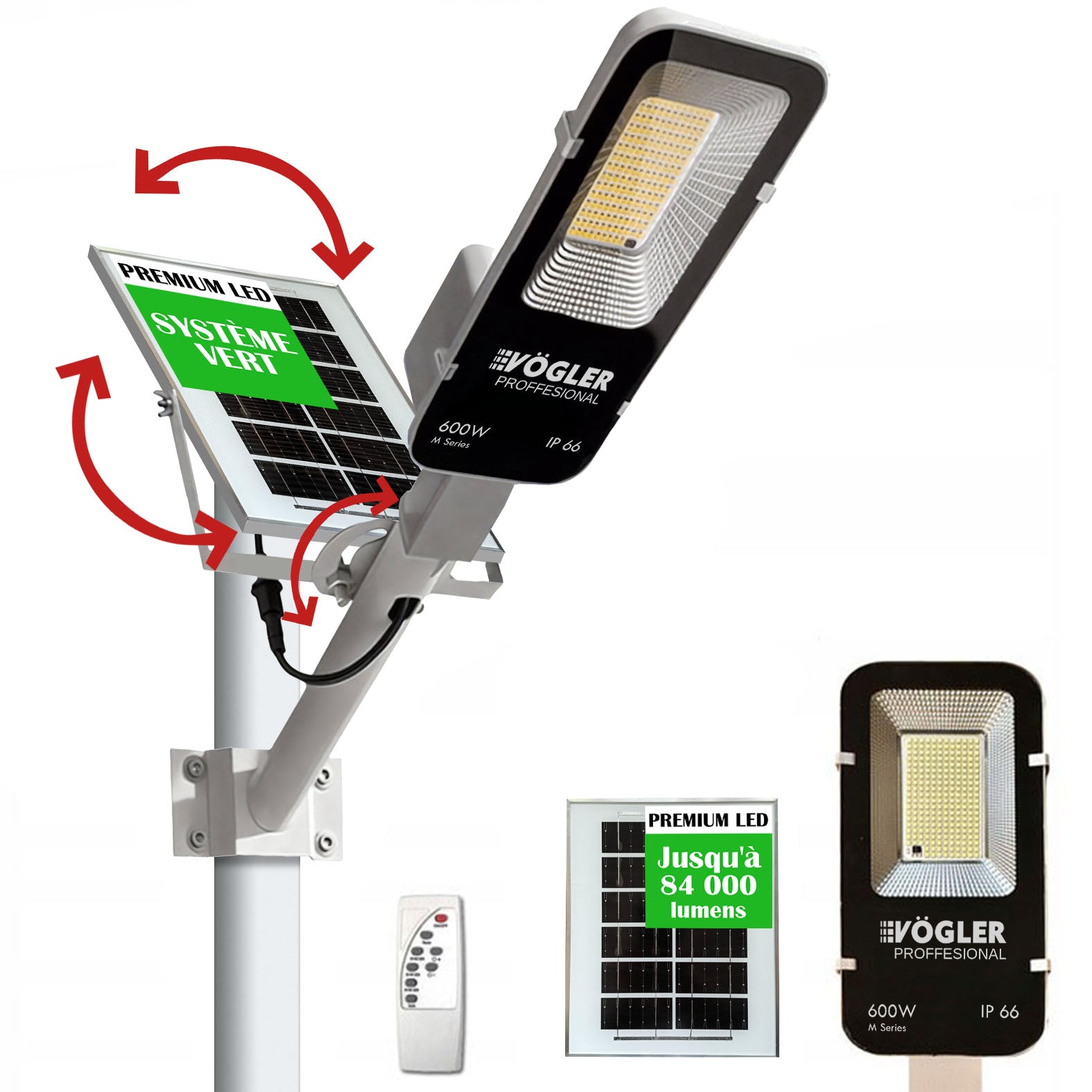 Lampe solaire puissante, capteur crépusculaire, télécommande, Vögler Professional  600W