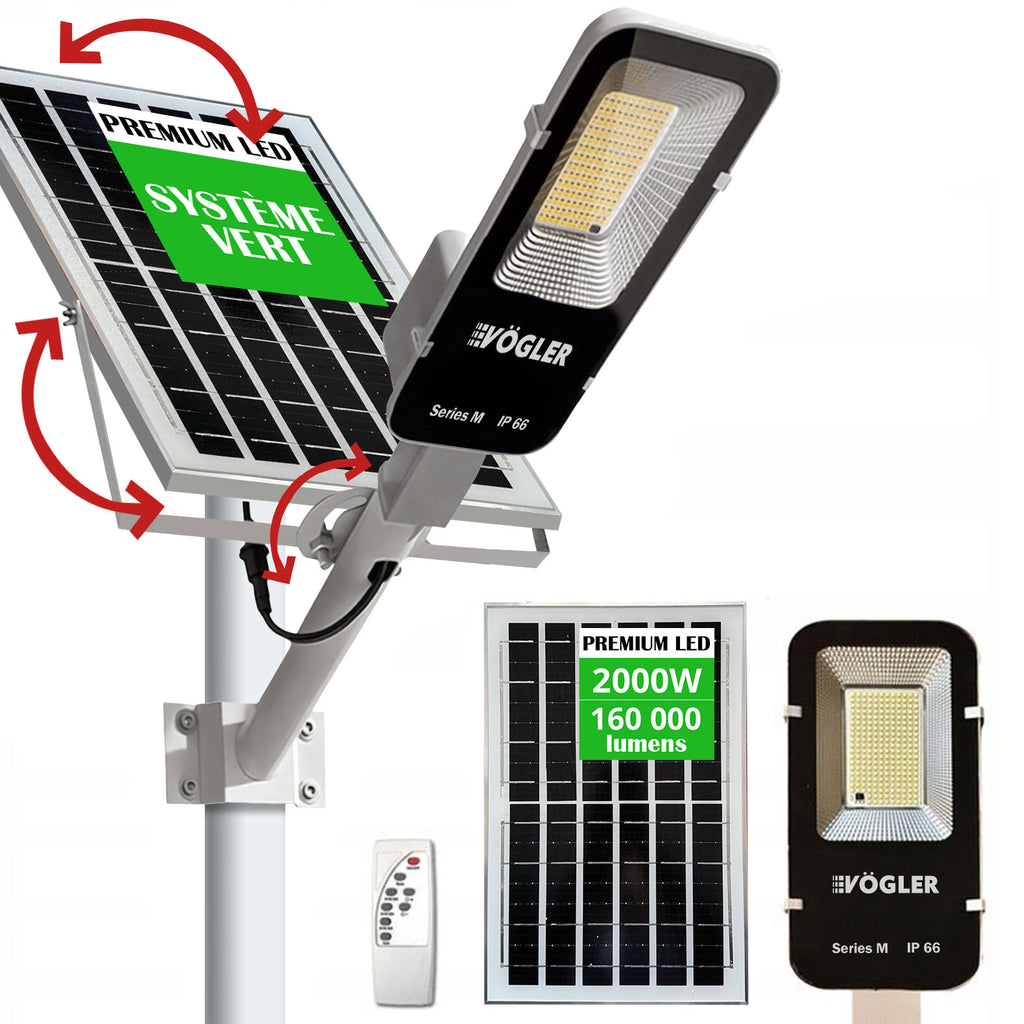 Lampe solaire puissante, capteur crépusculaire, télécommande, Vögler Série M 2000W