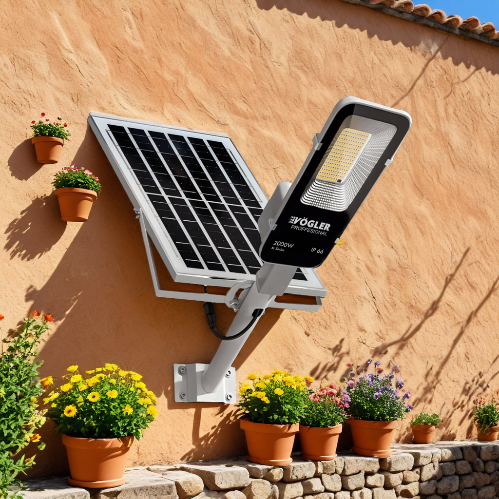 Lampe solaire puissante, capteur crépusculaire, télécommande, Vögler Professional 2000W